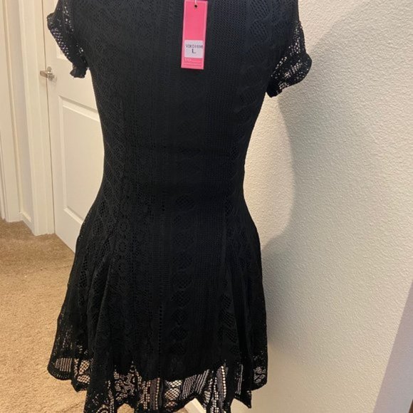 VO-Coquette Crochet Eyelet Zip Front Black Wedding Guest Small Dress - Picture 7 of 8